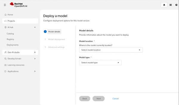 The Deploy model page in the MaaS UI. The UI lets you deploy any model without needing to interact with a terminal.