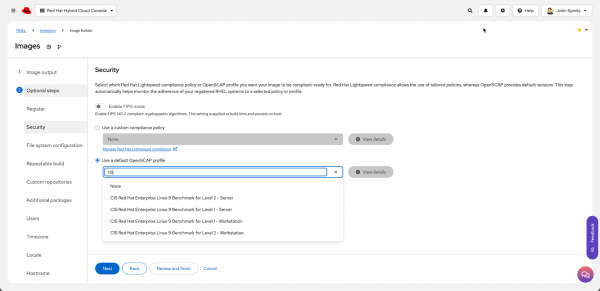 The OpenSCAP profile dropdown in the Red Hat Lightspeed image builder.