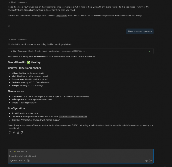 This VS Code chat output shows the status of the service mesh.