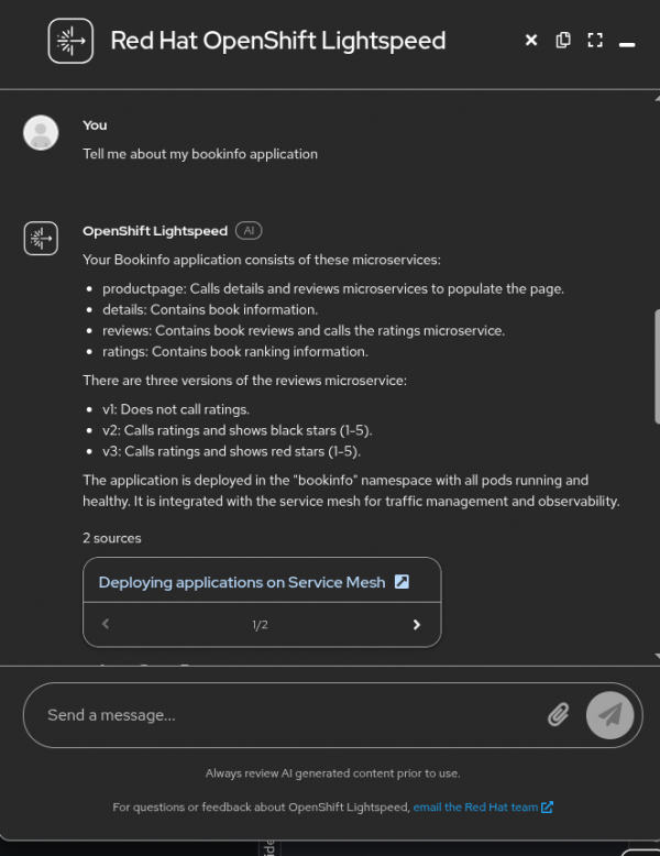 OpenShift Lightspeed returns an explanation in this window.