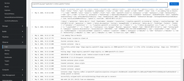 The OpenShift logging UI shows the search bar populated with a specific pipeline query.