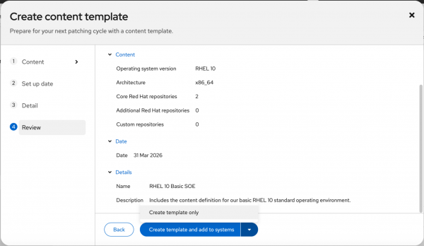 This shows the create template only button in the Hybrid Cloud Console content creation wizard.