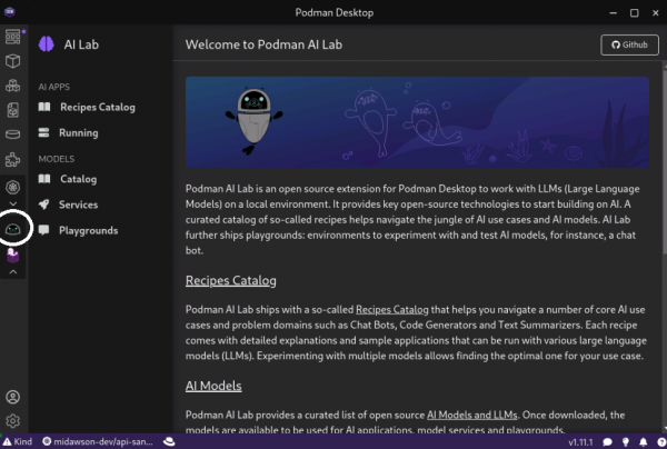 Picutre of podman application with a circle around the icon for Podman AI Lab, and the Podmain AI lab main page being displayed