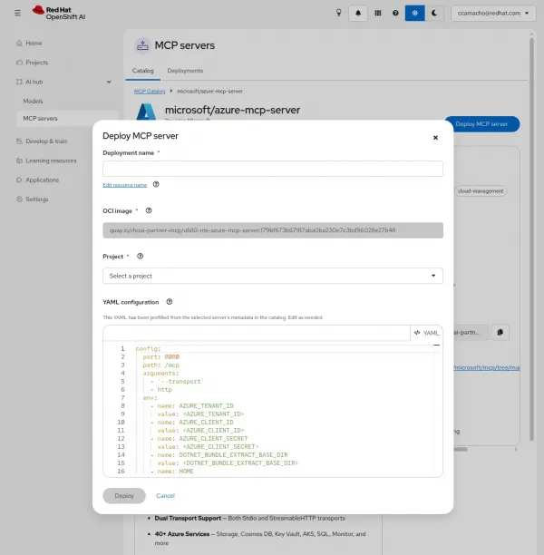 Microsoft Azure MCP Server configuration details displayed in the AI Hub.