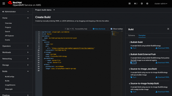 OpenShift Web Console - Shipwright Build Samples in YAML Editor