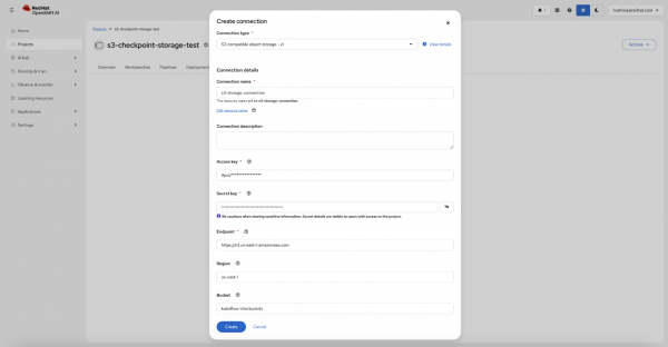 A screenshot of the connections tab in the OpenShift AI dashboard.