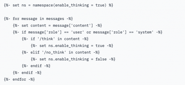 A section of the Jinja chat template for the NVIDIA Nemotron model that drives parsing reasoning flags set by the orchestrator.