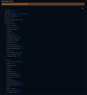 A section of the MCP Inspector dashboard, scrolled down to show the full JSON object returned by the get_current_weather tool. This continues the output from Figure 7, providing a more complete view of the weather data.