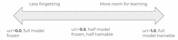 Diagram illustrating the effect of the unfreeze_rank_ratio (urr) value on model fine-tuning.