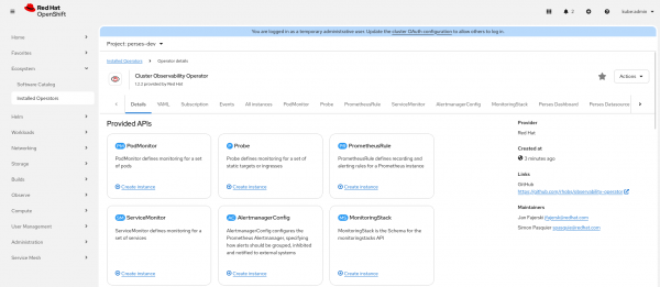 This shows the provided APIs from the cluster observability operator.