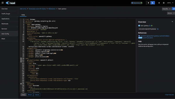 This screenshot illustrates the Kiali gateway configuration.