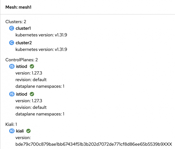 The Mesh tab in the Kiali console shows a multi-cluster mesh.