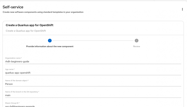 A Self-Service screen for the &ldquo;Create a Quarkus app for OpenShift&rdquo; template allowing users to input their variables.