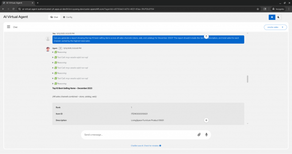The AI Virtual Agent chat interface showing a complex user query for a December 2023 sales report, the agent's multi-step reasoning and tool calls, and the top-ranked item result.
