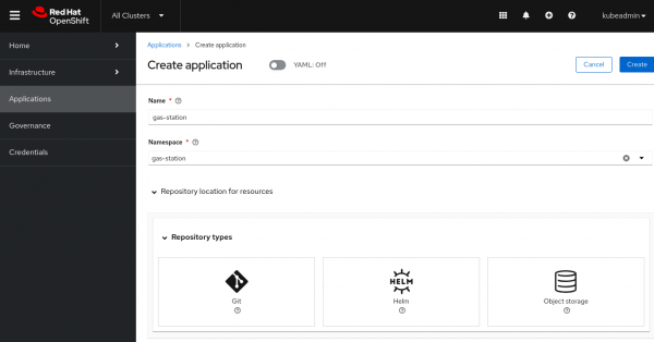 Picture of OpenShift UI for creating an application with a subscription