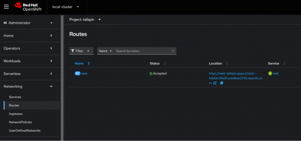 The OpenShift console routes section for the tailspin project lists a single accepted web route.
