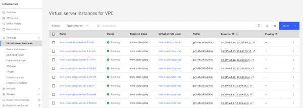 Viewing the virtual server instances in the IBM Cloud console.