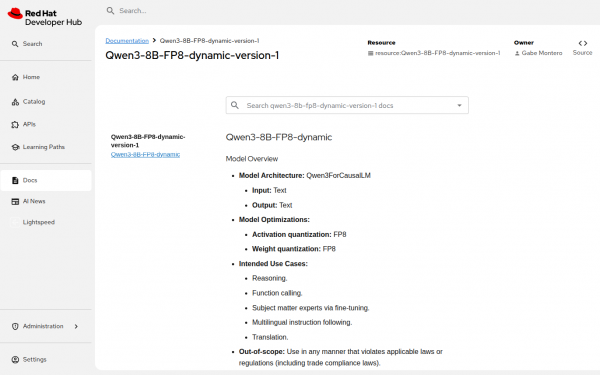 TechDocs imported into Developer Hub by the OpenShift AI Connector that correlate to the model cards provided for a given model by the OpenShift AI Model Catalog.
