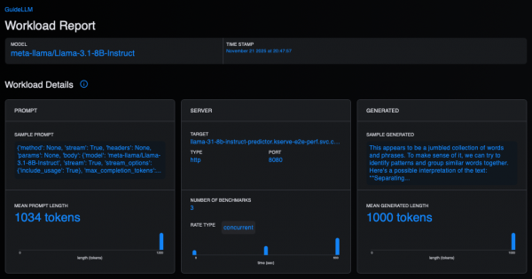 This shows the workload report in the GuideLLM UI.