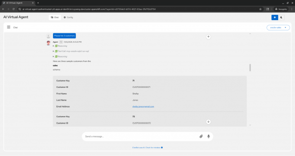 he AI Virtual Agent chat interface showing a user request to 'Please list 3 customers' and the agent's response, which includes a tool call to 'mcp-oracle-sqlcl' and a table of customer data.