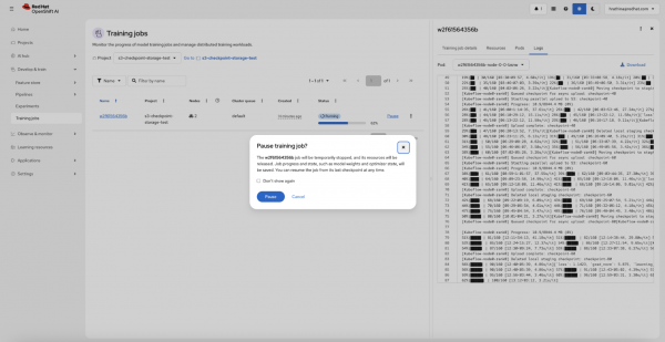 A screenshot of a paused training job in the OpenShift AI dashboard.