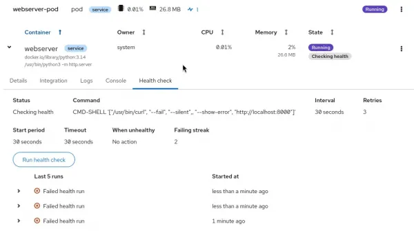 Health checks have failed for the duration of the example pod's life.