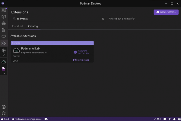 Picture of the podman Extensions page, with the search criteria set to "podman ai" and the tile for Podman AI Lab being displayed