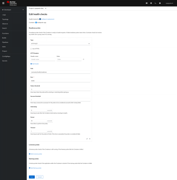 Picture of page for adding readiness and liveness endpoints with information filled in as directed in the blog post.