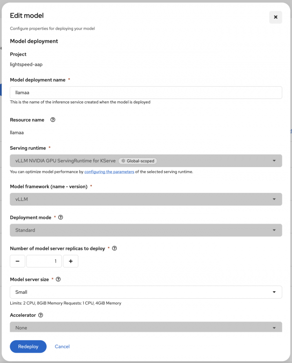 Configuring the model deployment properties, including name, serving runtime, and model framework.
