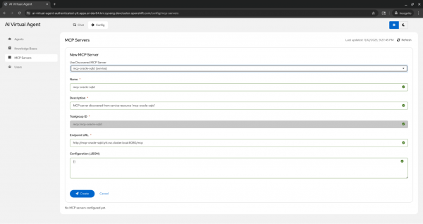 The New MCP Server form in the AI Virtual Agent studio populated with the name, Toolgroup ID, and cluster endpoint URL for mcp-oracle-sqlcl.