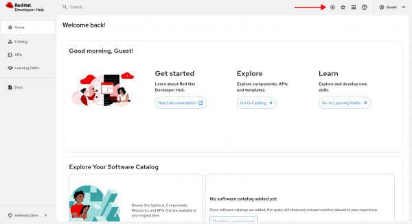 The Red Hat Developer Hub home screen shows a red arrow pointing to the self service shortcut.
