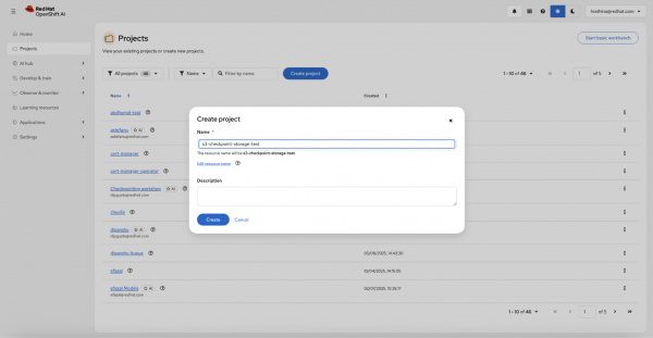 A screenshot of the OpenShift AI dashboard shows the Create Data Science Project screen.