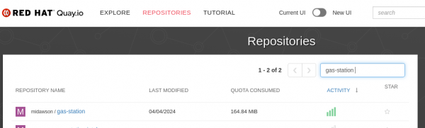 Picture of Quay.io repository for midawson showing gas-station images