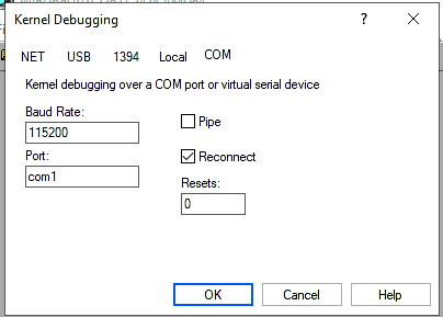 Configuring the Kernel Debugging option in WinDbg.