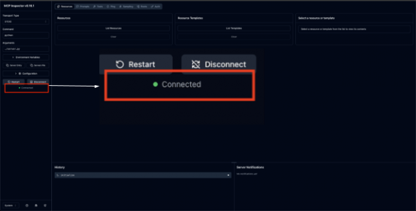 The MCP Inspector dashboard with a green circle and the word "Connected" highlighted on the left side, indicating a successful connection. This visual feedback confirms the tool is ready to monitor and troubleshoot agent interactions.
