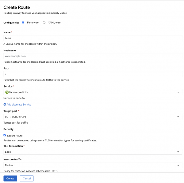 OpenShift web console Create Route form filled with name llama, service llamas-predictor, target port 8080 (TCP), and Secure Route enabled with Edge termination.
