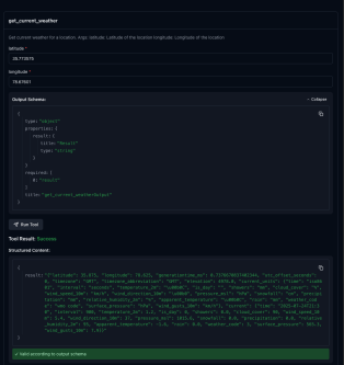 A section of the MCP Inspector dashboard showing the result of the get_current_weather tool. A JSON object is displayed with key-value pairs showing the weather data, including location name, temperature, and condition.