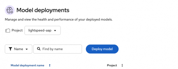 The Deploy model button is shown at the top of the Model deployments page, with the lightspeed-aap project selected.