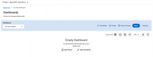 This dashboard page displays an empty dashboard the user can modify.