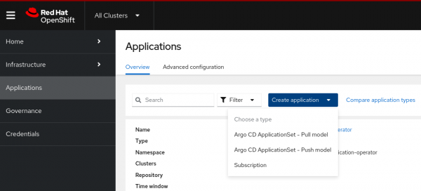 Picture of OpenShift UI for creating applications in managed clusters