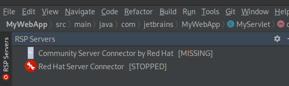 Access the RSP Servers view and select Red Hat Server Connector.