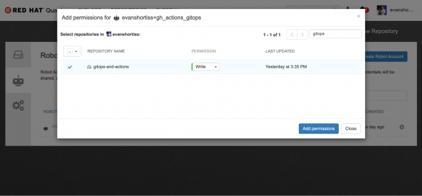 Configuring Robot Account permissions on Quay.io.