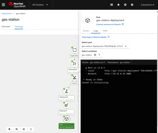 Picture of OpenShift UI showing logs for pod selected from topology view for the deployed application.