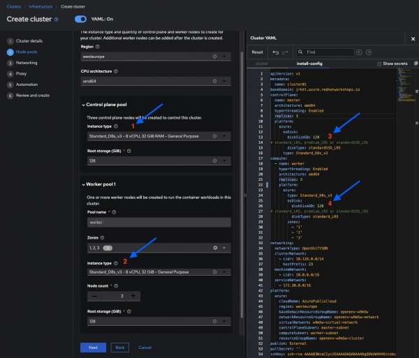 Change the Disk Type and other values in the Cluster Details page of OpenShift Cluster Manager GUI.