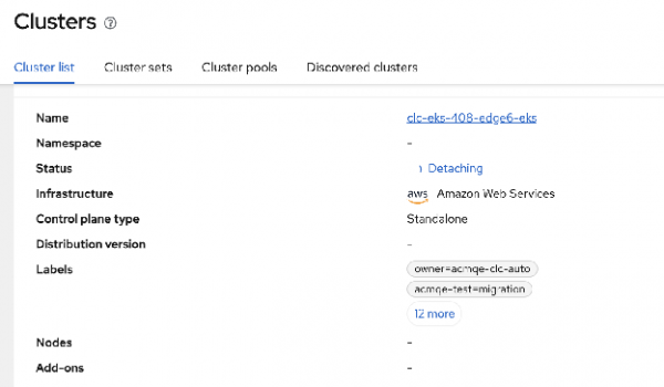 A view of a cluster status in Red Hat Advanced Cluster Management for Kubernetes console.