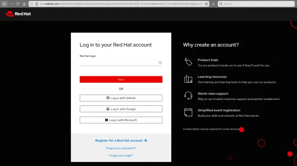 Log in to your Red Hat Developer account through your web browser to complete the authentication process.