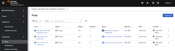 A screenshot of the Prometheus server pod in OpenShift Container Platform..