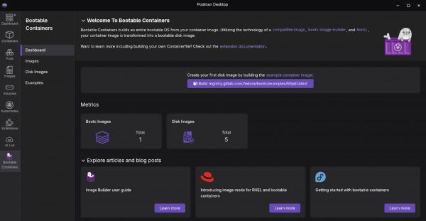 Bootable Containers > Images showing the container pulled from registry.gitlab.com.