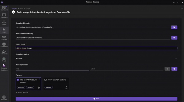 Podman Desktop > Images > Build > Build image from Containerfile.