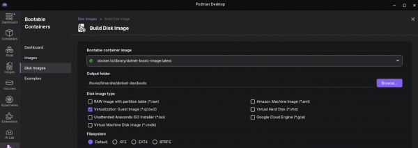 The completed Build Disk Image configuration.